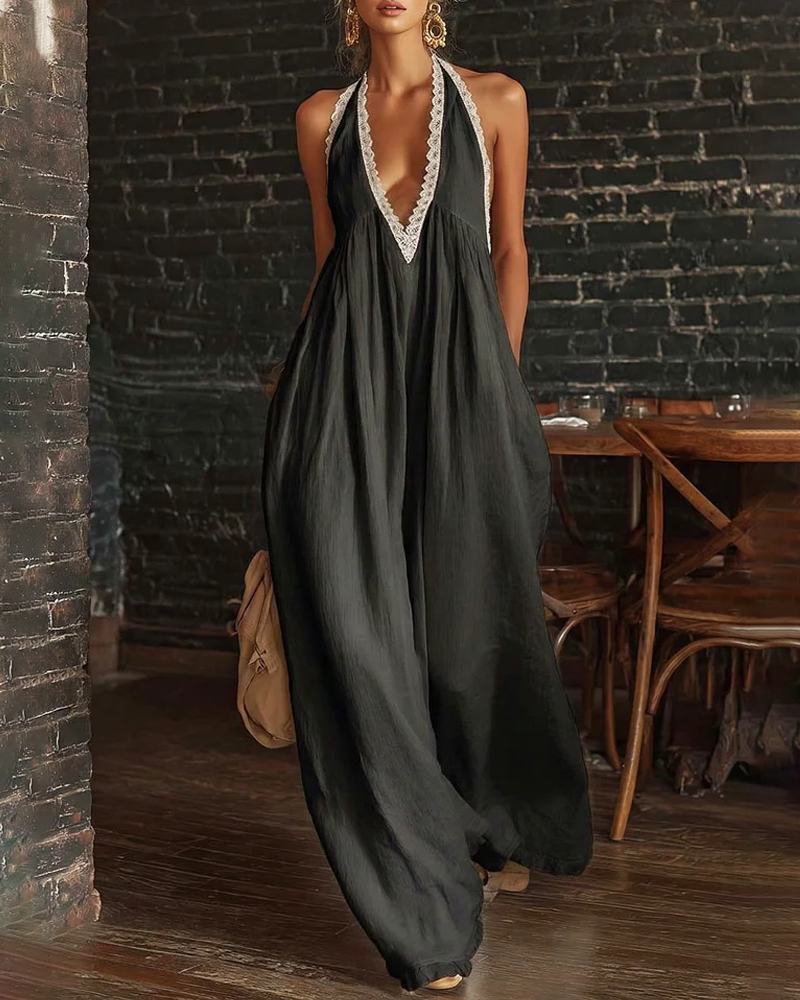 Elegant Casual Loose Linen Jumpsuit with Lace Trim