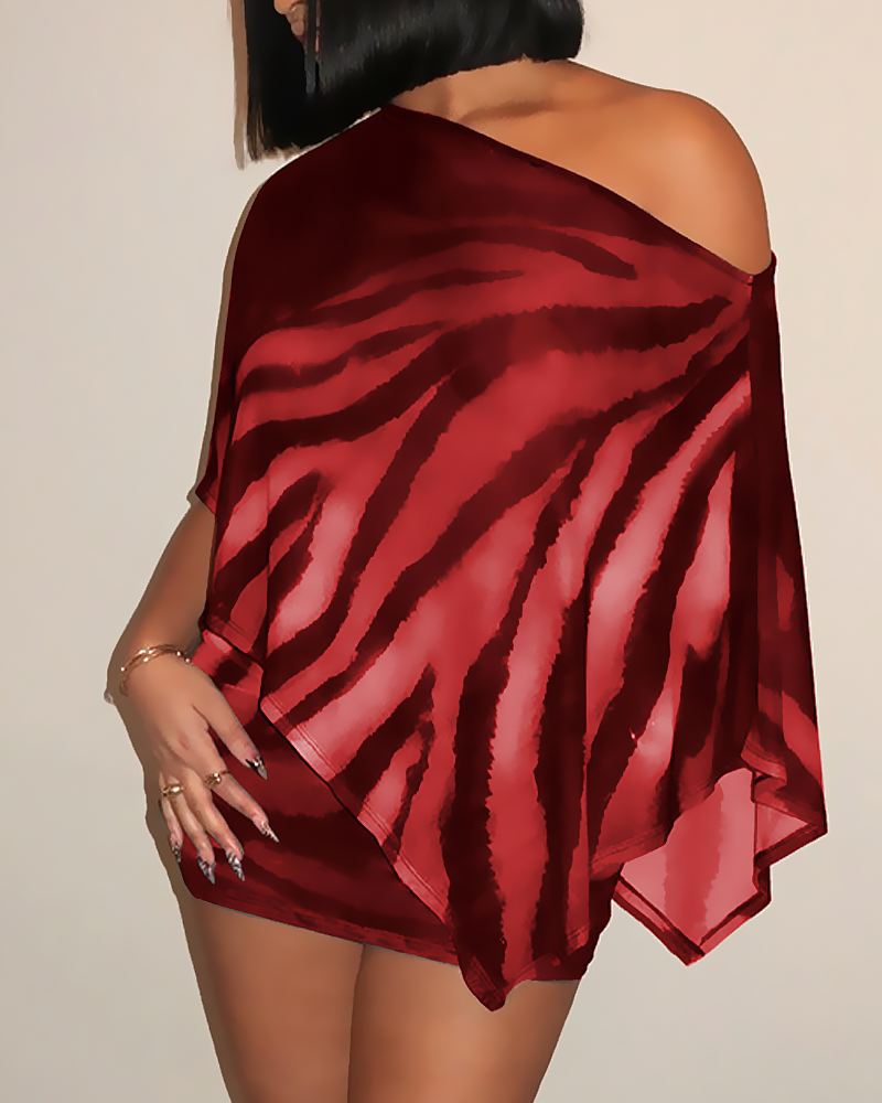 Claw Print One-Shoulder Top with Cape & Bodycon Skirt Set