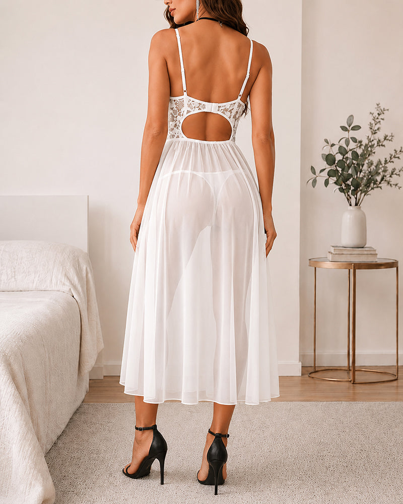 Deep V Lace See-through Mesh High Slit Long Nightgown