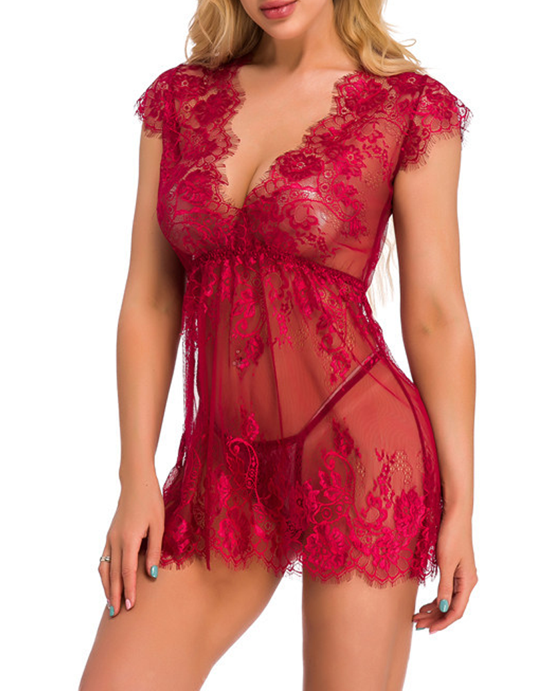 Sheer Lace Deep V-Neck Cut-Out Babydoll Nightgown