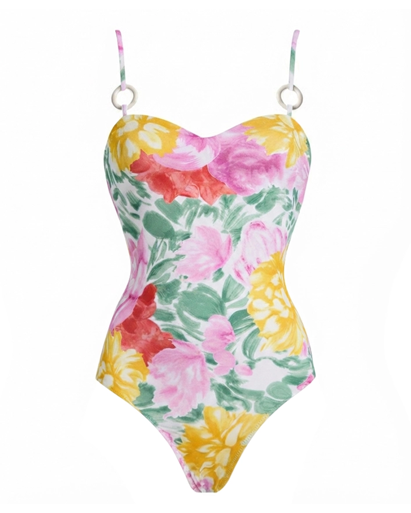 Adjustable Strap Abstract Floral Swimsuit Set