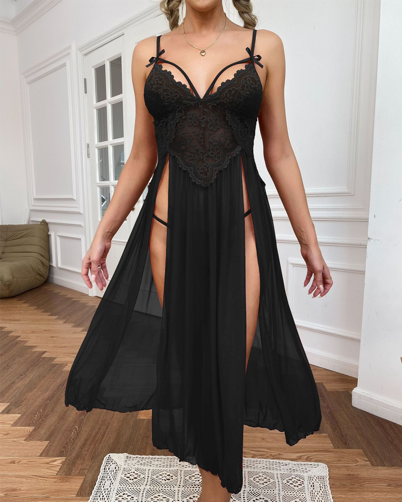 Sheer Mesh Deep V-Neck Lace Side Slit Slip Dress