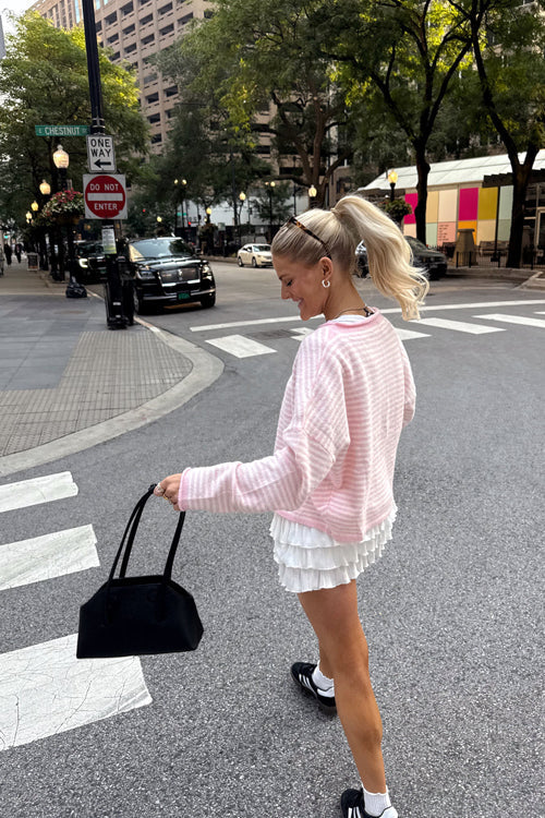 Attractively Cozy Soft Striped Knit Cardigan - Light Pink