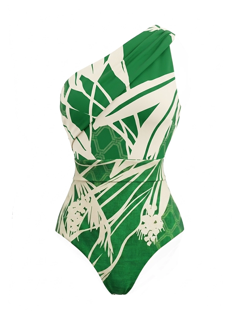 Elegant Green Botanical Print Swimsuit Set