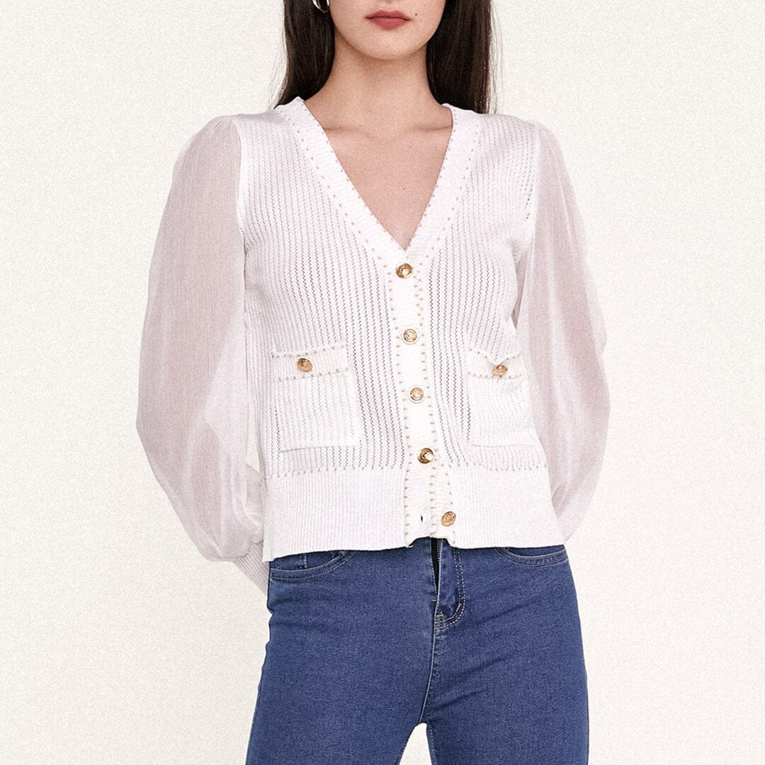 White Sheer Long Sleeve Pointelle-Knit Cardigan With Gold Buttons