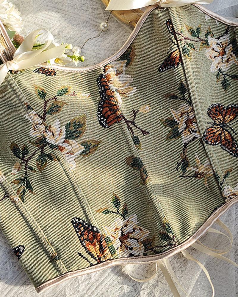 French Style Bow Lace-Up Floral Body Shaper Women's Sling Printed Slim-Fit Vest Corset