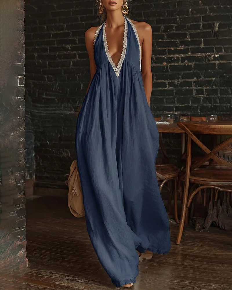 Elegant Casual Loose Linen Jumpsuit with Lace Trim