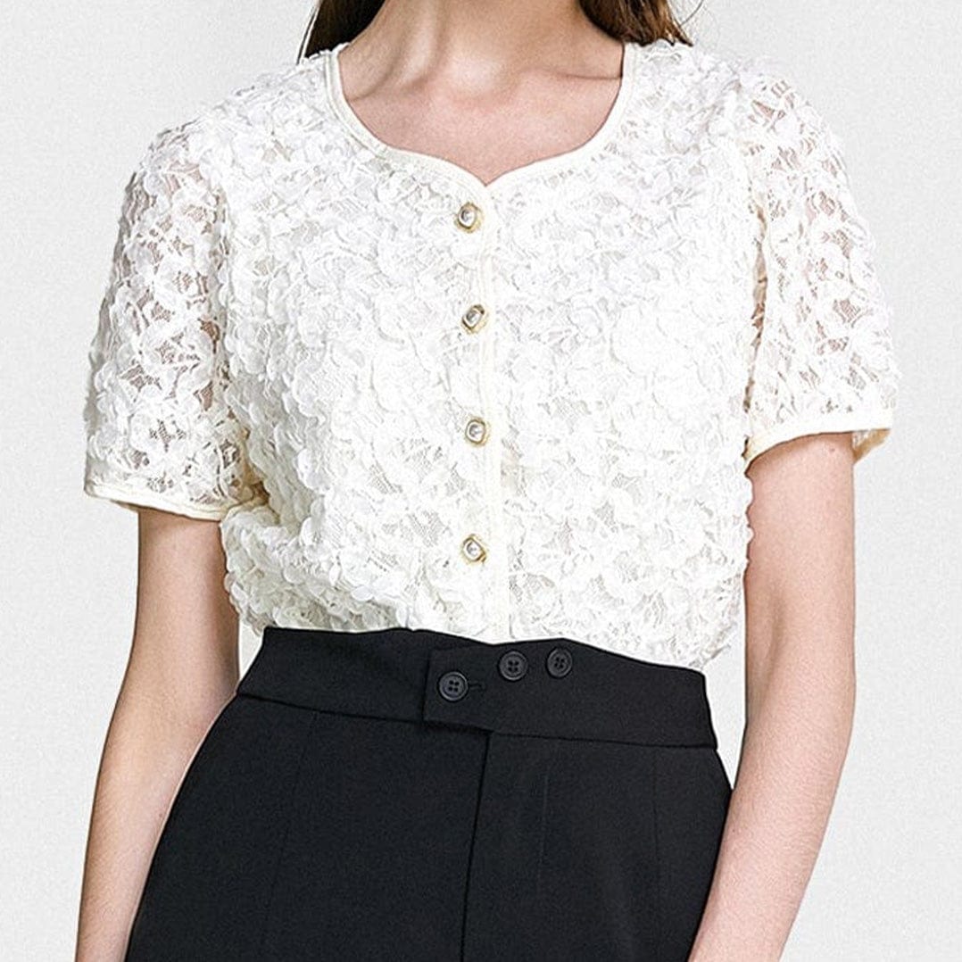 Light Yellow Textured Floral Button Front Blouse