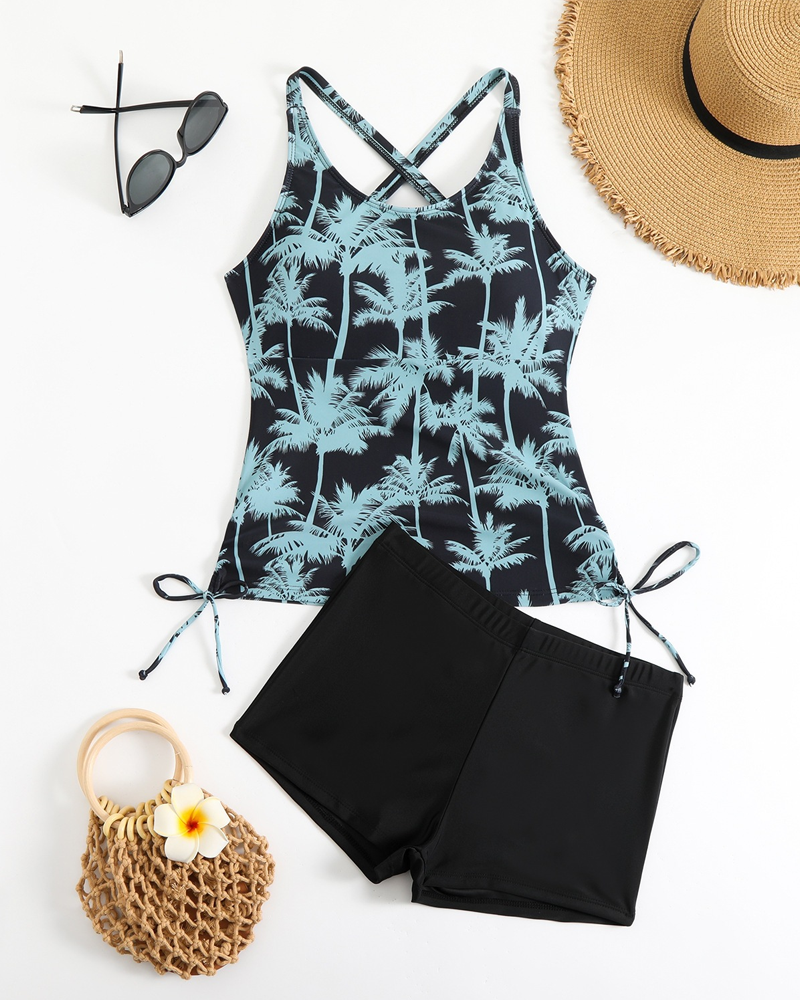 Printed Bodycon Backless Drawstring Slim-Fit Two-Piece Swimsuit