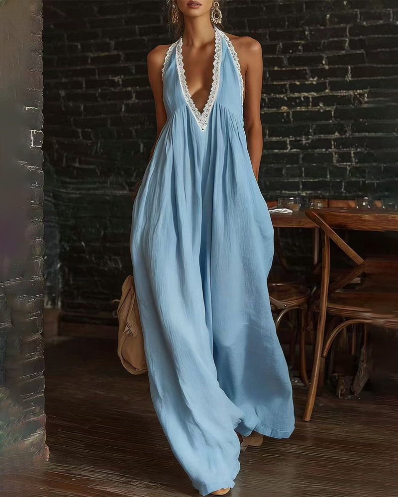 Elegant Casual Loose Linen Jumpsuit with Lace Trim