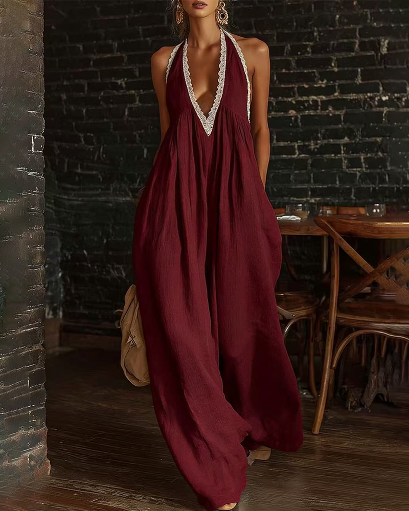 Elegant Casual Loose Linen Jumpsuit with Lace Trim