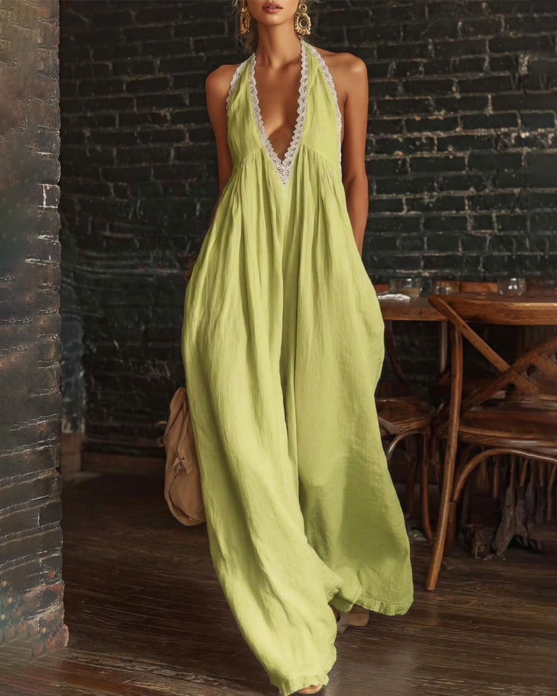 Elegant Casual Loose Linen Jumpsuit with Lace Trim