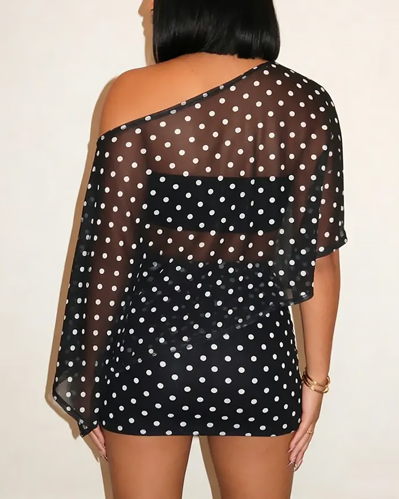 Claw Print One-Shoulder Top with Cape & Bodycon Skirt Set