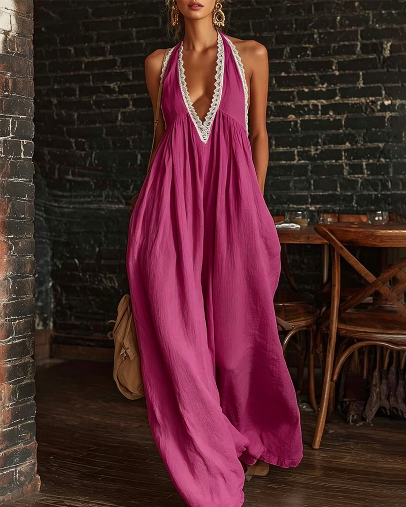 Elegant Casual Loose Linen Jumpsuit with Lace Trim