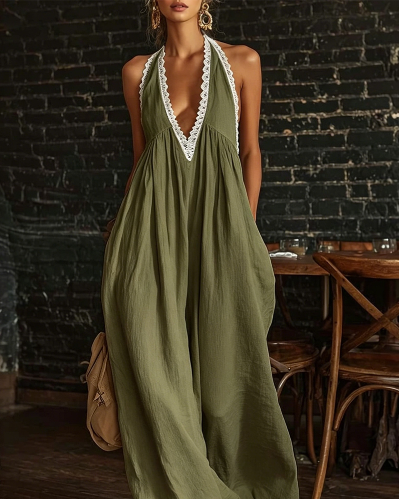Elegant Casual Loose Linen Jumpsuit with Lace Trim