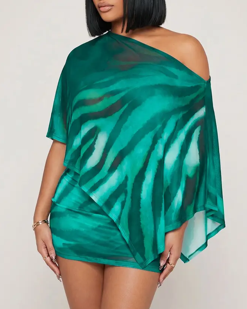Claw Print One-Shoulder Top with Cape & Bodycon Skirt Set
