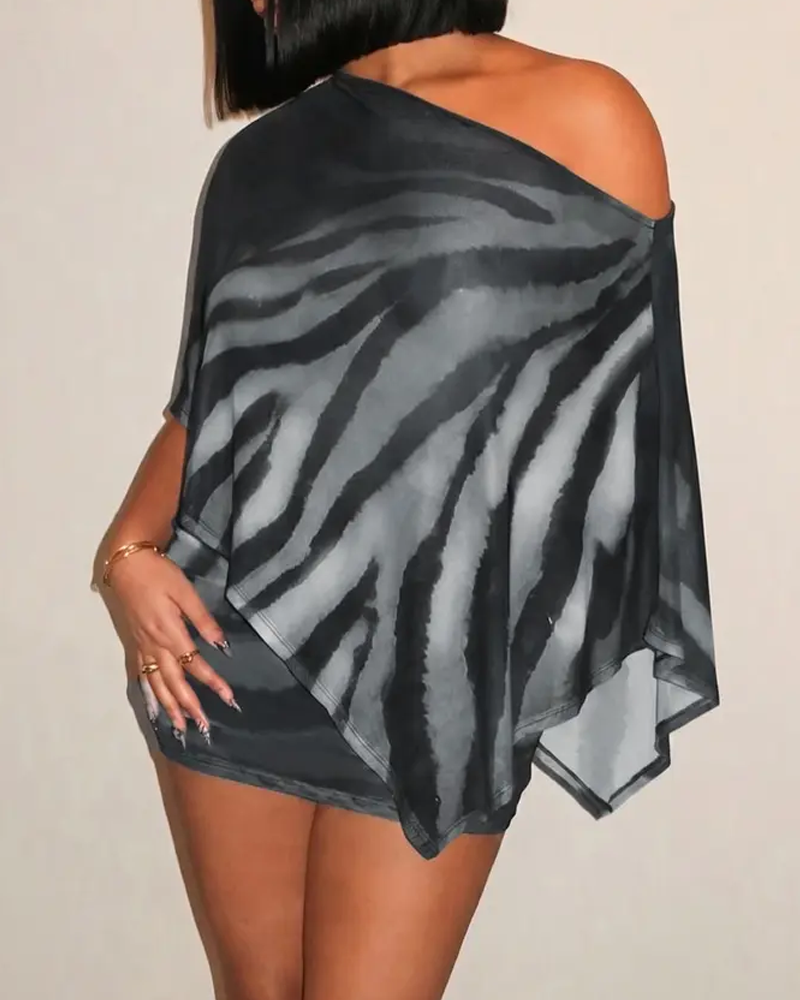 Claw Print One-Shoulder Top with Cape & Bodycon Skirt Set