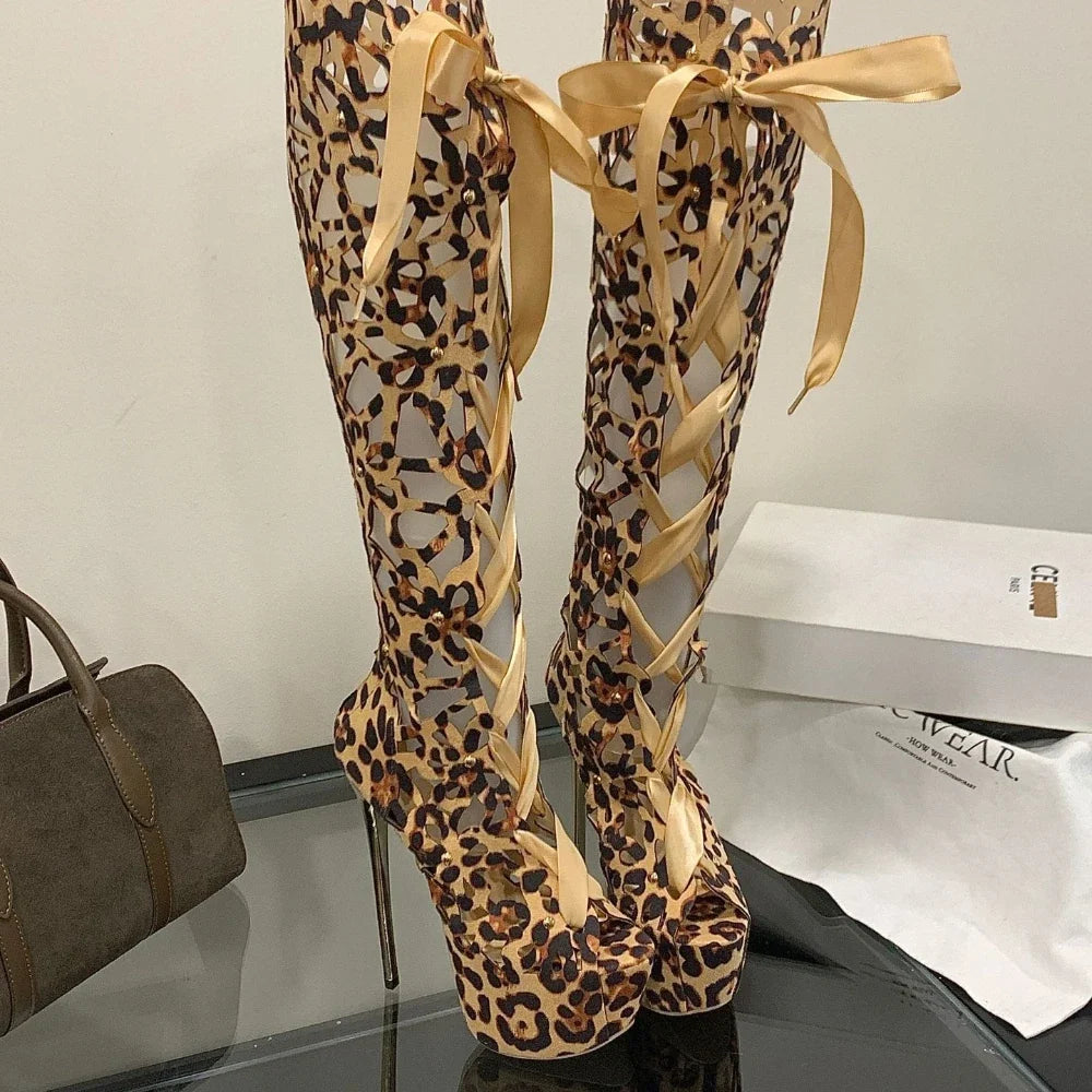 16CM Ultra Thin High Heels Sexy Nightclub Hollow Out Over The Knee Boots