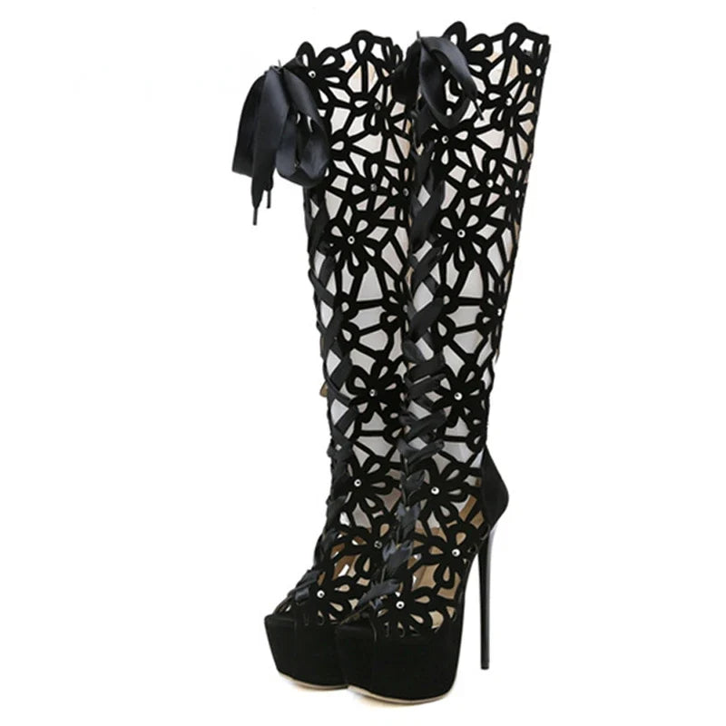 16CM Ultra Thin High Heels Sexy Nightclub Hollow Out Over The Knee Boots