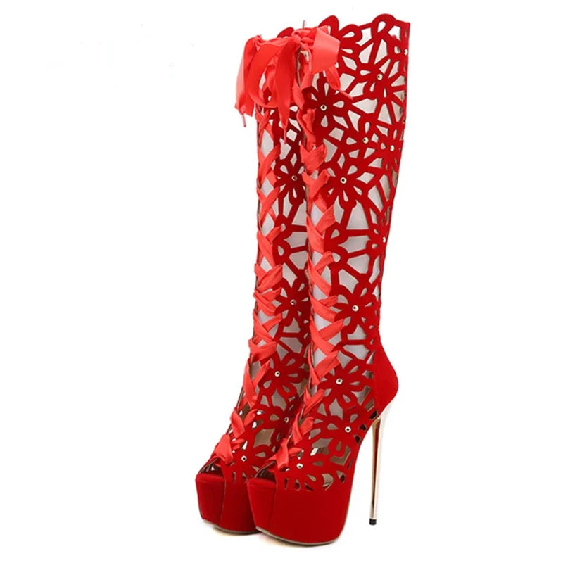 16CM Ultra Thin High Heels Sexy Nightclub Hollow Out Over The Knee Boots