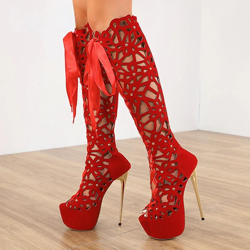 16CM Ultra Thin High Heels Sexy Nightclub Hollow Out Over The Knee Boots