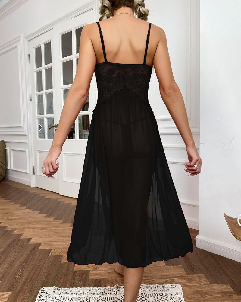 Sheer Mesh Deep V-Neck Lace Side Slit Slip Dress