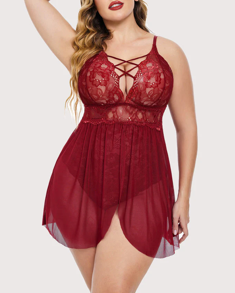 Plus Size Lace Teddy with Crisscross Front Straps