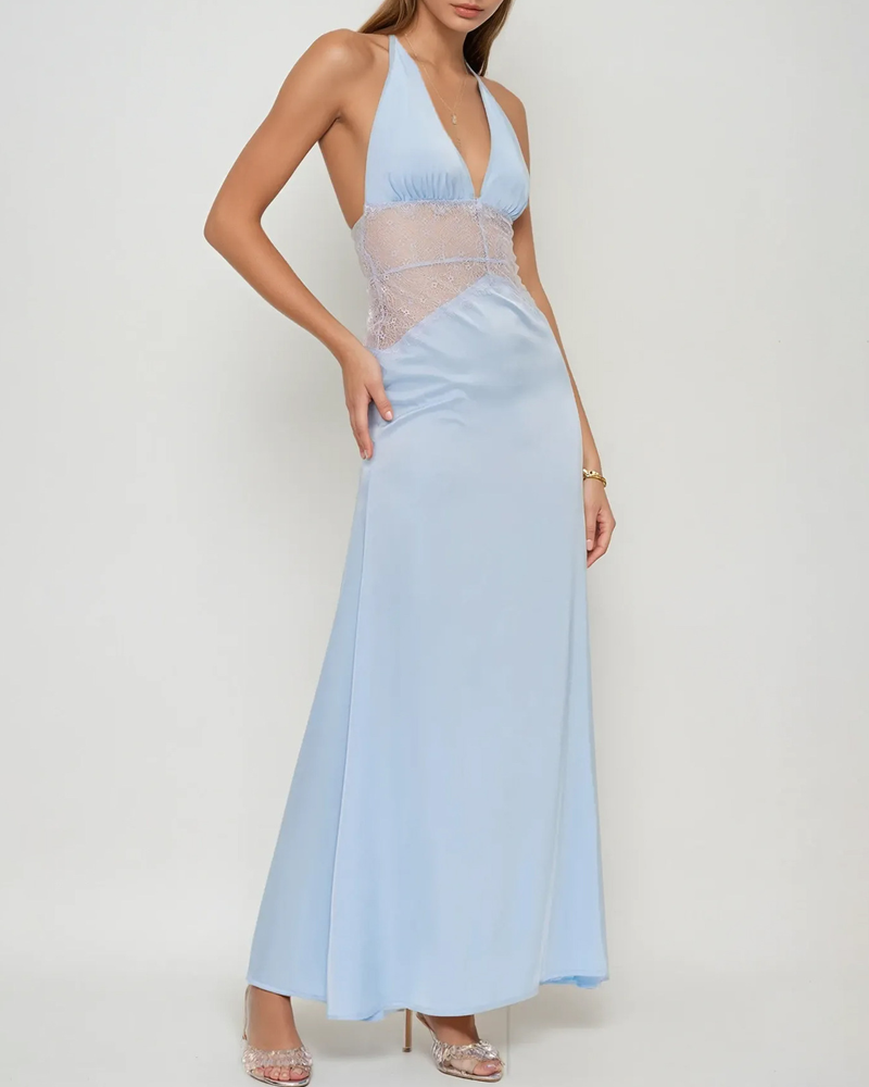 Elegant V-Neck Halter Lace and Satin Patchwork Maxi Dress