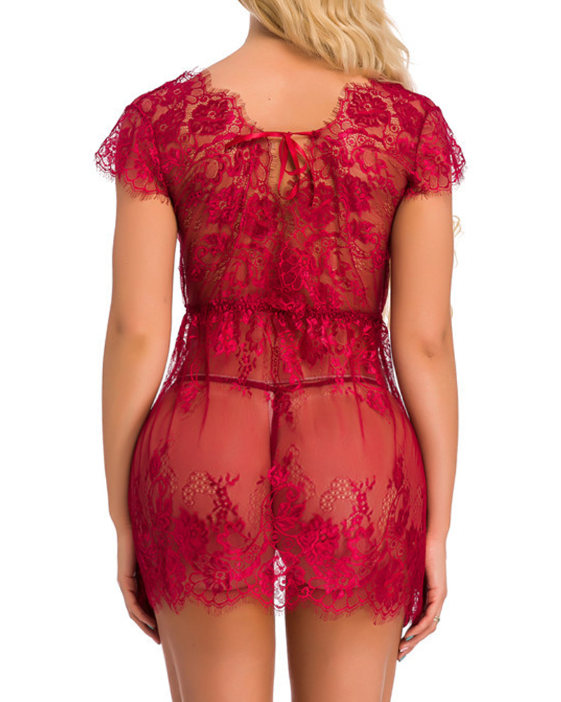 Sheer Lace Deep V-Neck Cut-Out Babydoll Nightgown