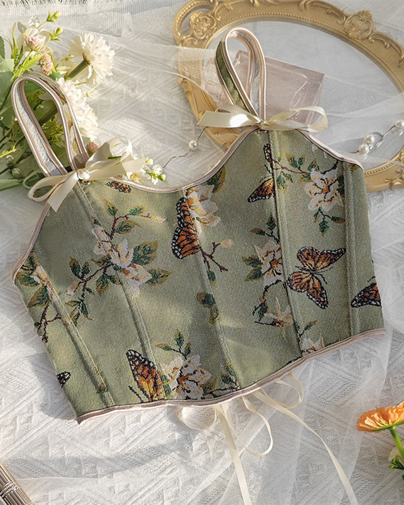 French Style Bow Lace-Up Floral Body Shaper Women's Sling Printed Slim-Fit Vest Corset
