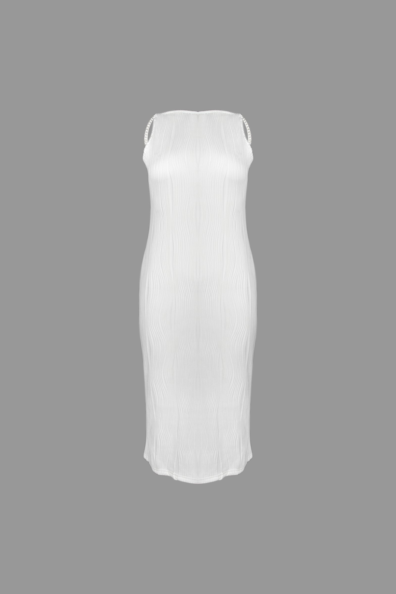 White Faux Pearl Strap Pleated Midi Dress