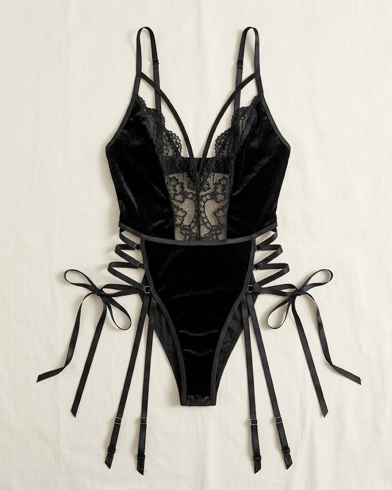 Deep V Lace Open-Crotch Bodysuit