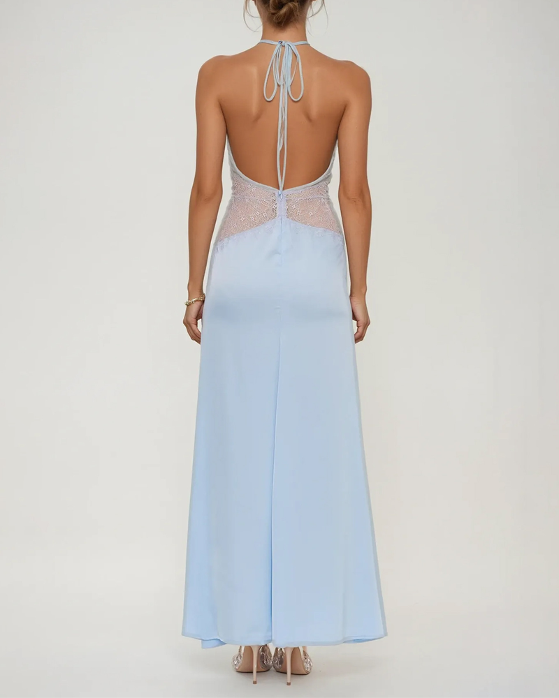 Elegant V-Neck Halter Lace and Satin Patchwork Maxi Dress