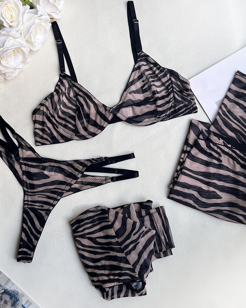 Zebra Print 4-Piece Lingerie Set