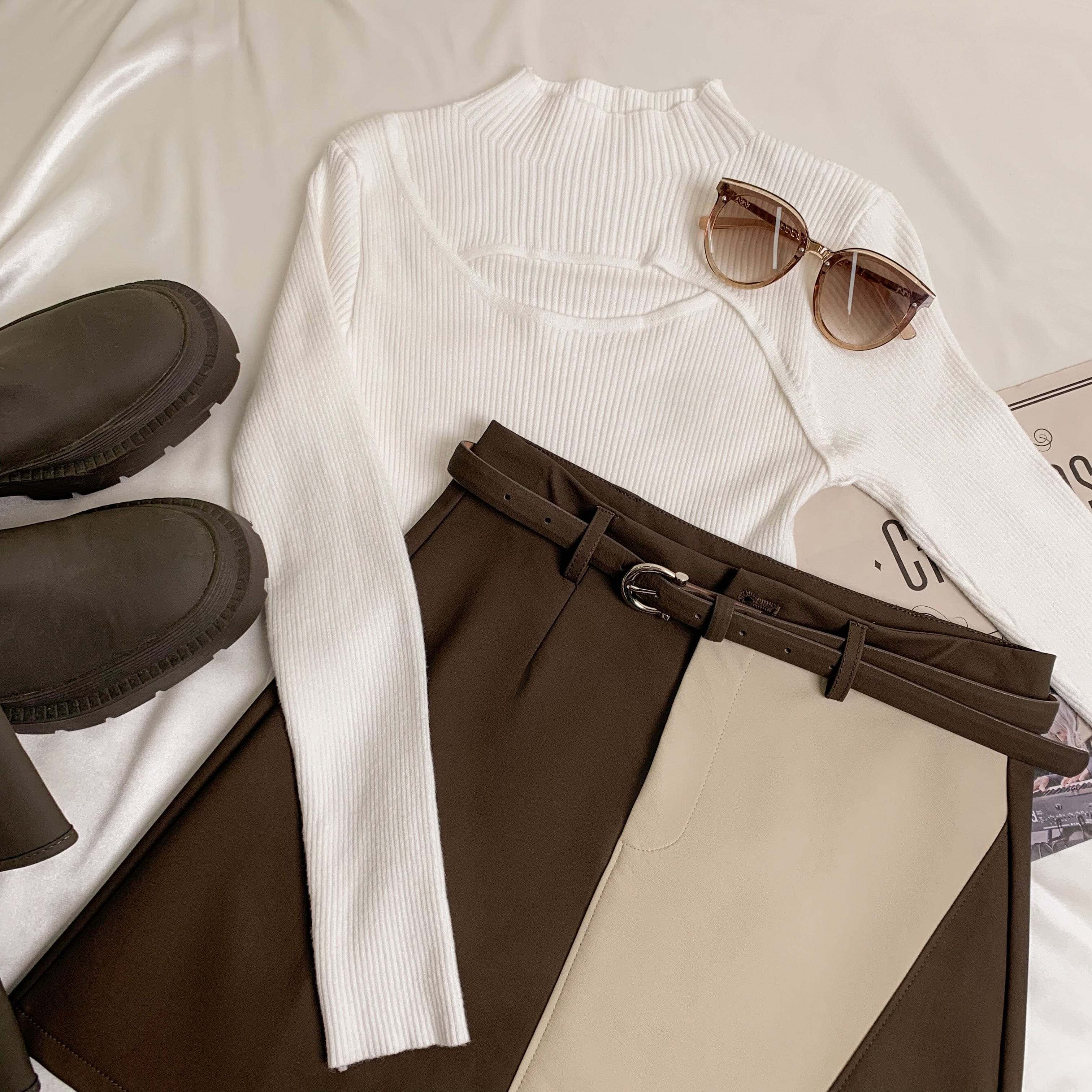 White Mock Neck Front Cut Out Ribbed Knit Sweater