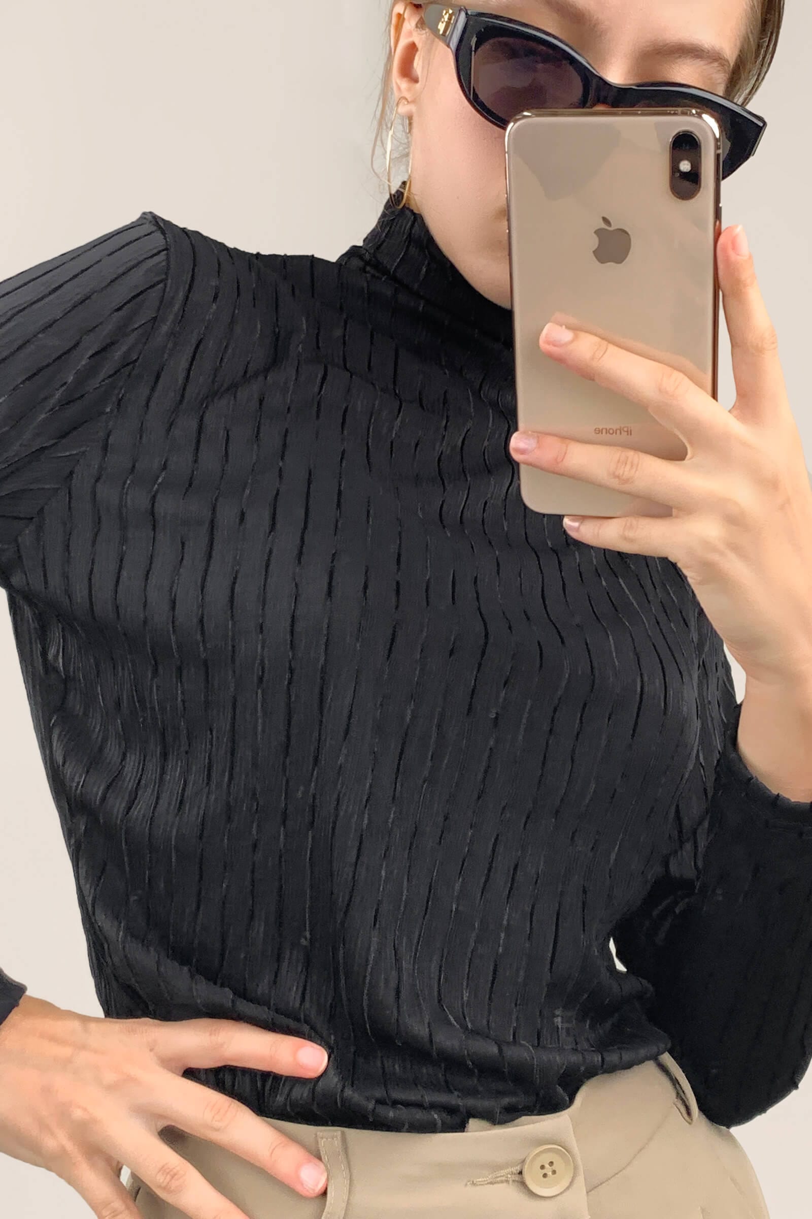 Black Textured Striped Turtleneck Top