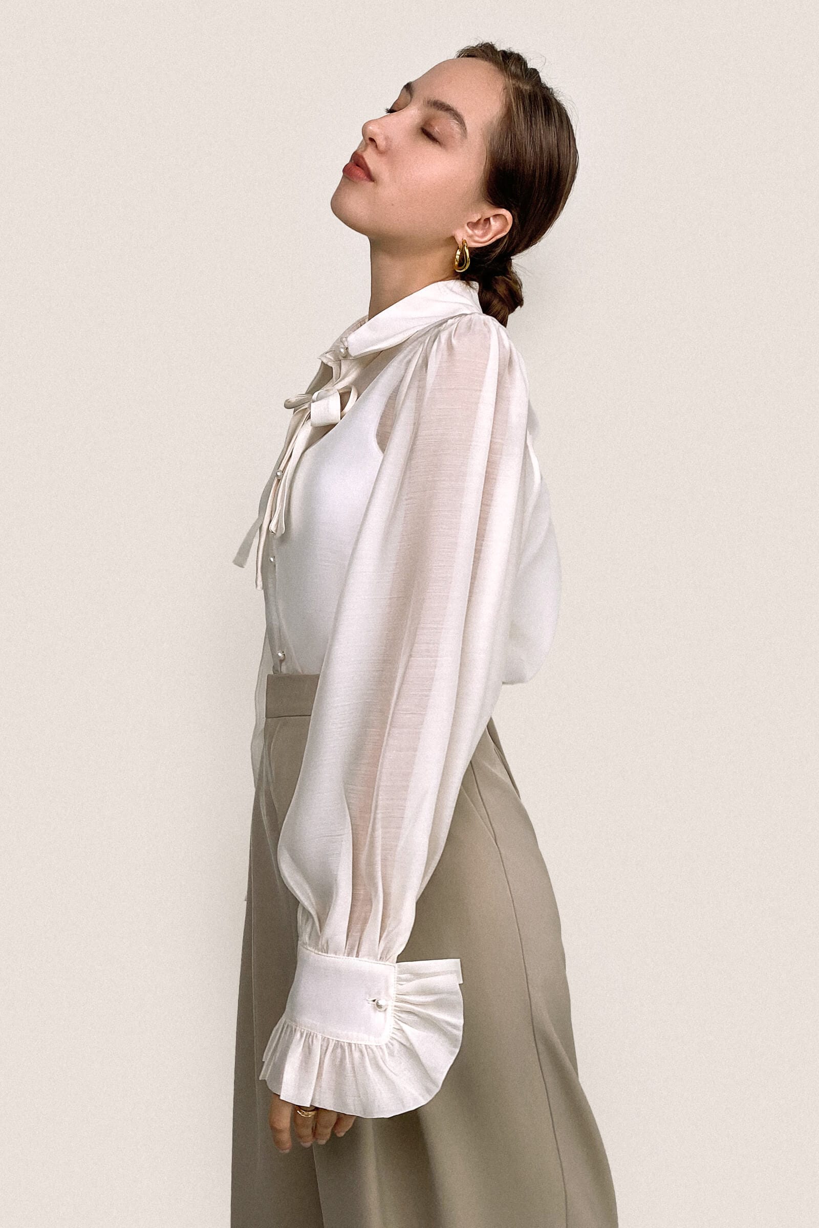 Floral White Sheer Button-Up Tie Neck Blouse