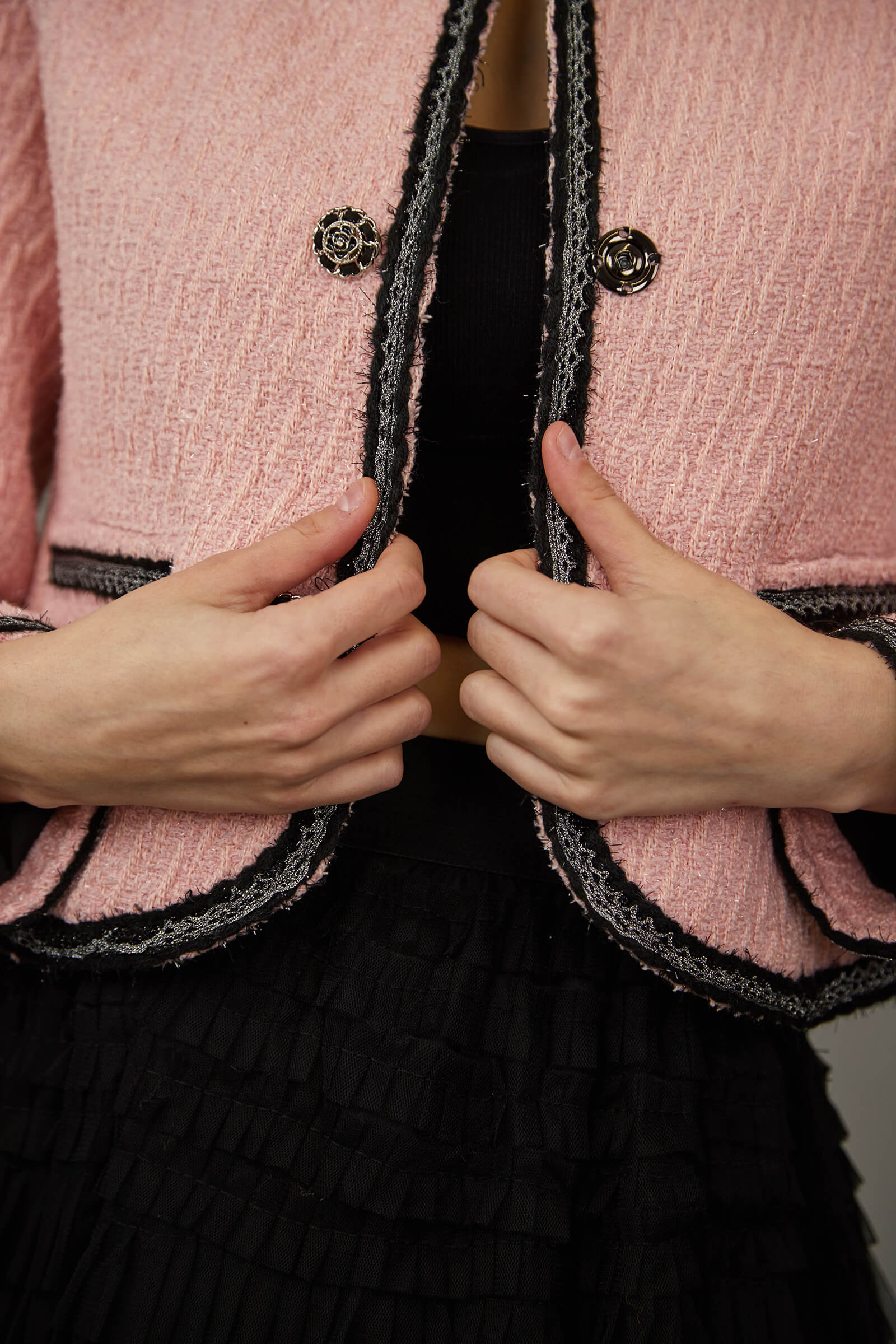 Pink Contrast Trim Tweed Jacket