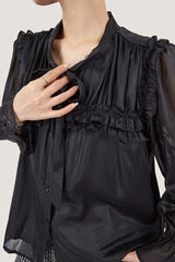 Tie-Neck Ruffle Pleated  Blouse