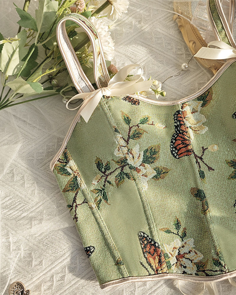 French Style Bow Lace-Up Floral Body Shaper Women's Sling Printed Slim-Fit Vest Corset