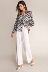 Dark Blue Leaf Print Button-Up Shirt