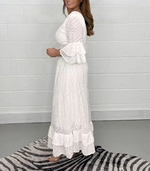 Embroidery Frill Sleeve Midi Dress