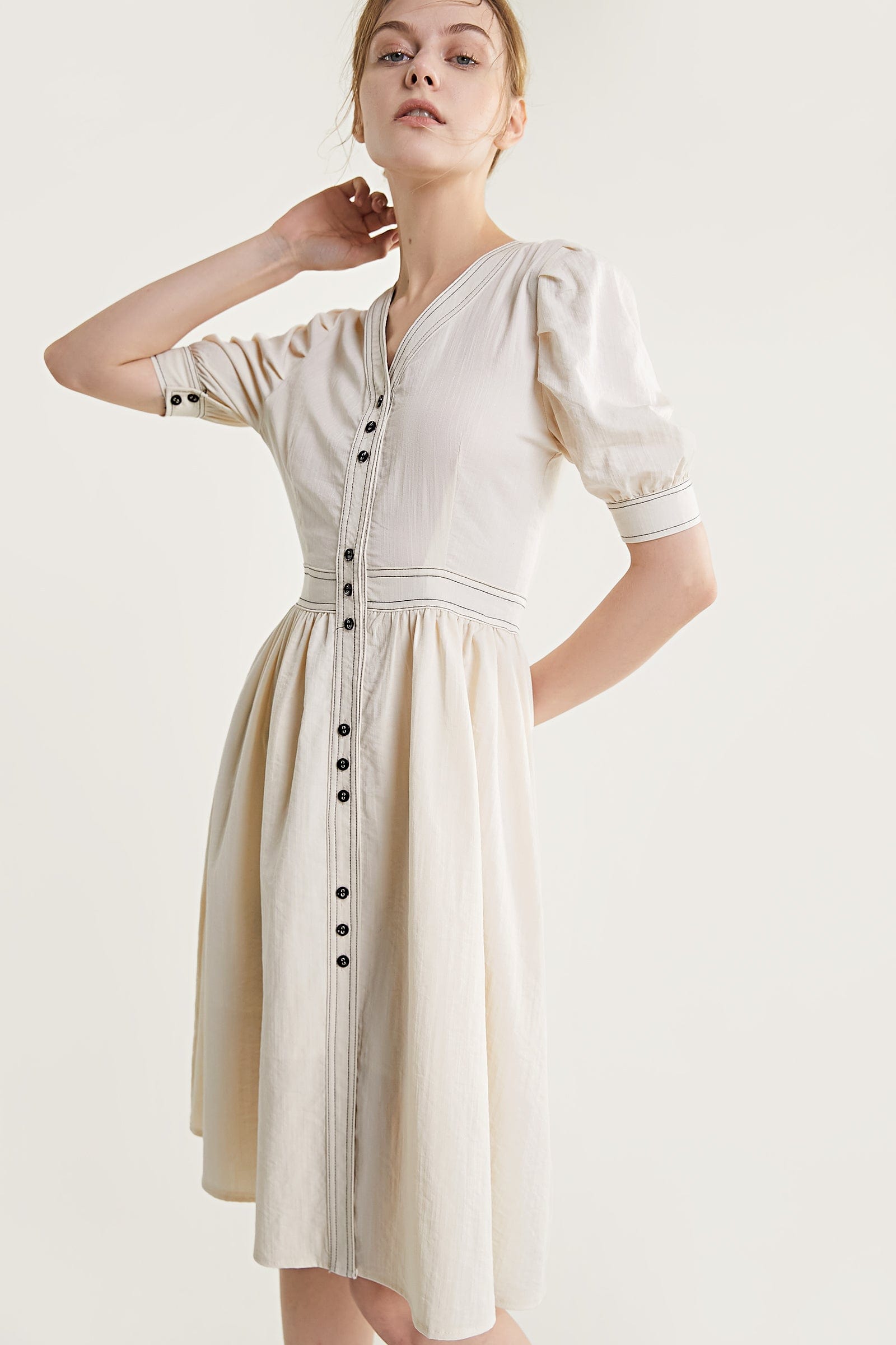 Ivory Contrast Stitch Lantern Sleeve V-Neck Midi Dress