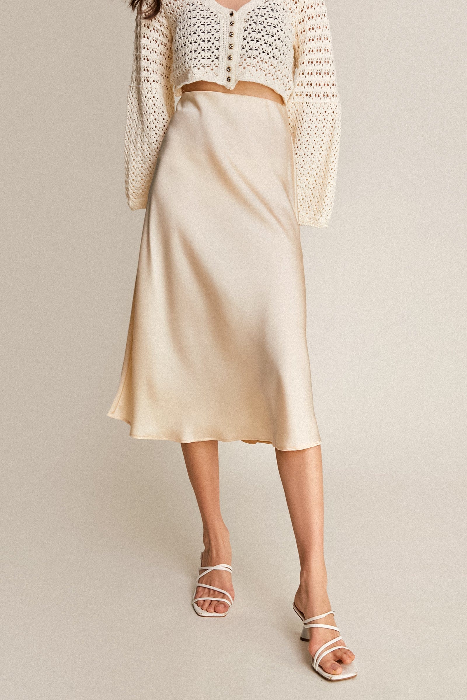 Ivory Satin High Rise A-Line Midi Skirt