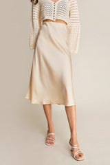 Ivory Satin High Rise A-Line Midi Skirt