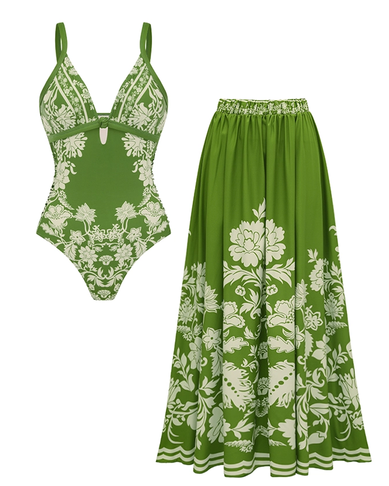 V Neck Ruffle Green Retro Printed Swimsuit Set