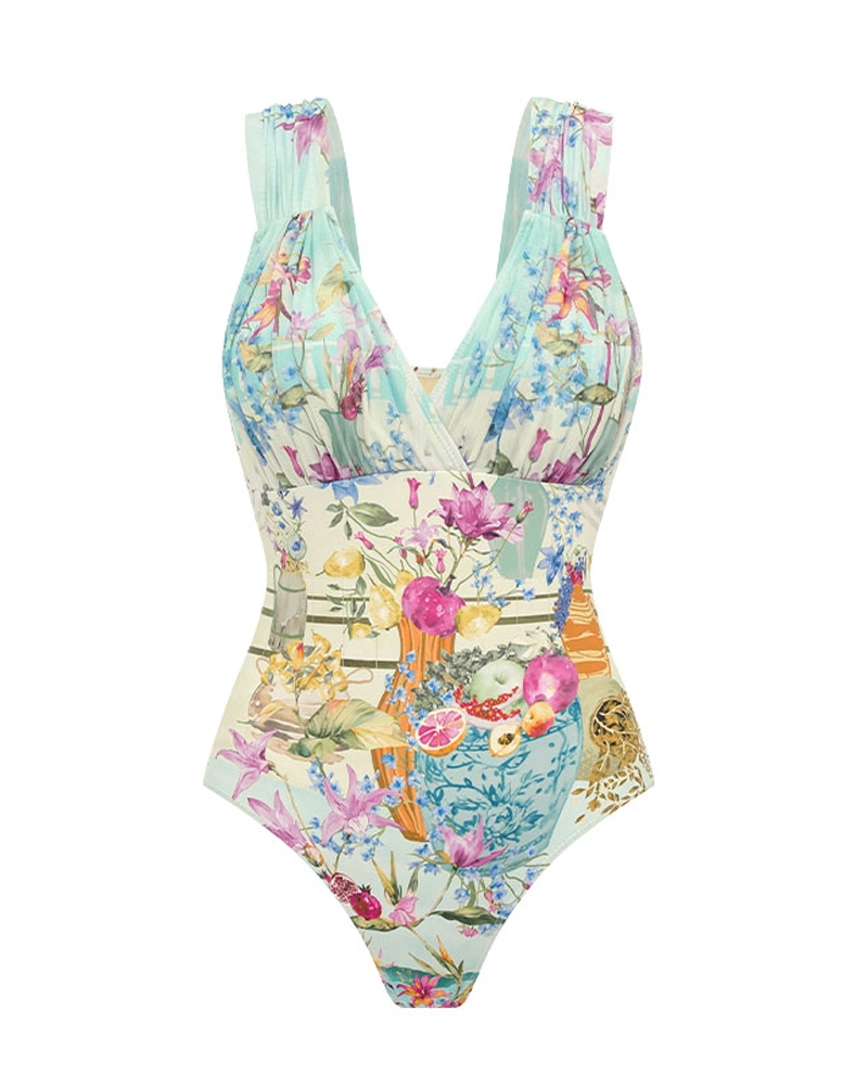 Elegant V Neck Printed Swimsuit Set