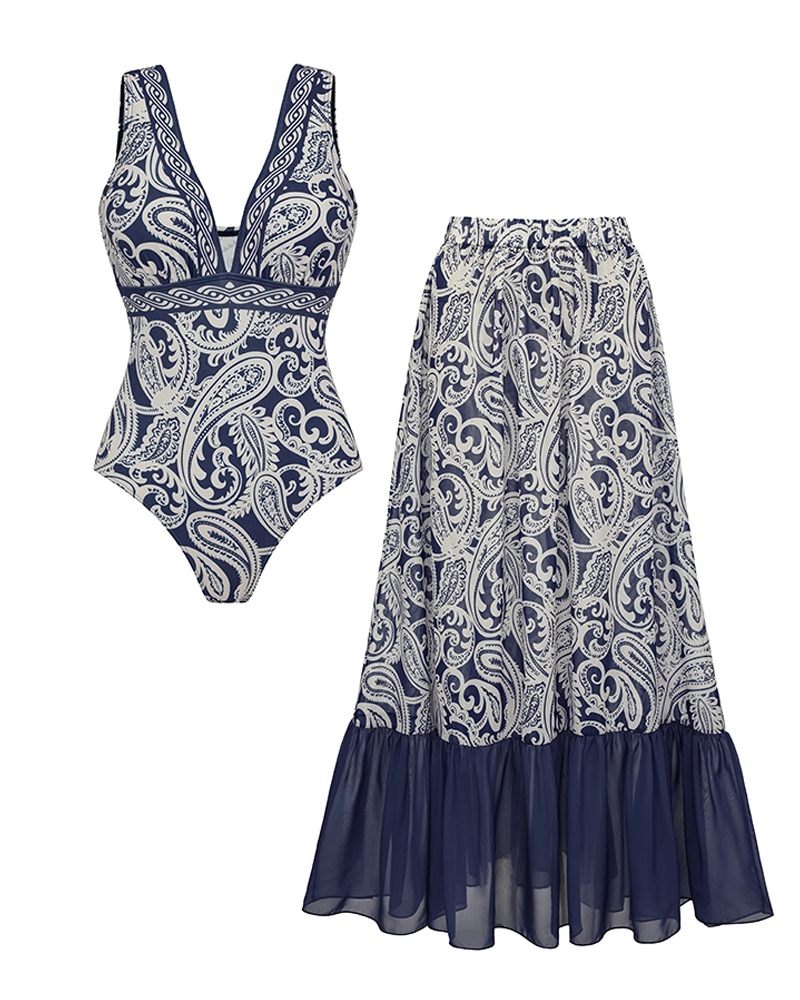 Blue Paisley Print Swimsuit Set