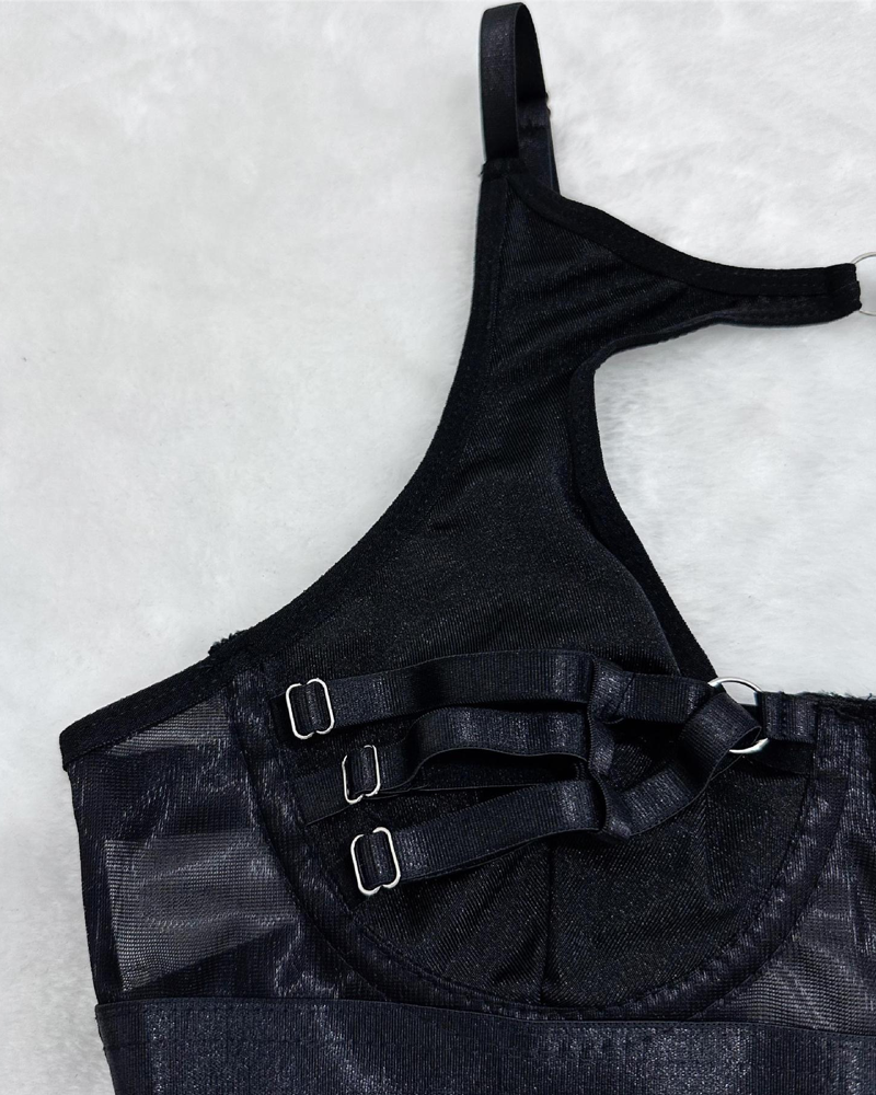 Cutout Faux Leather Mini Skirt Lingerie Set