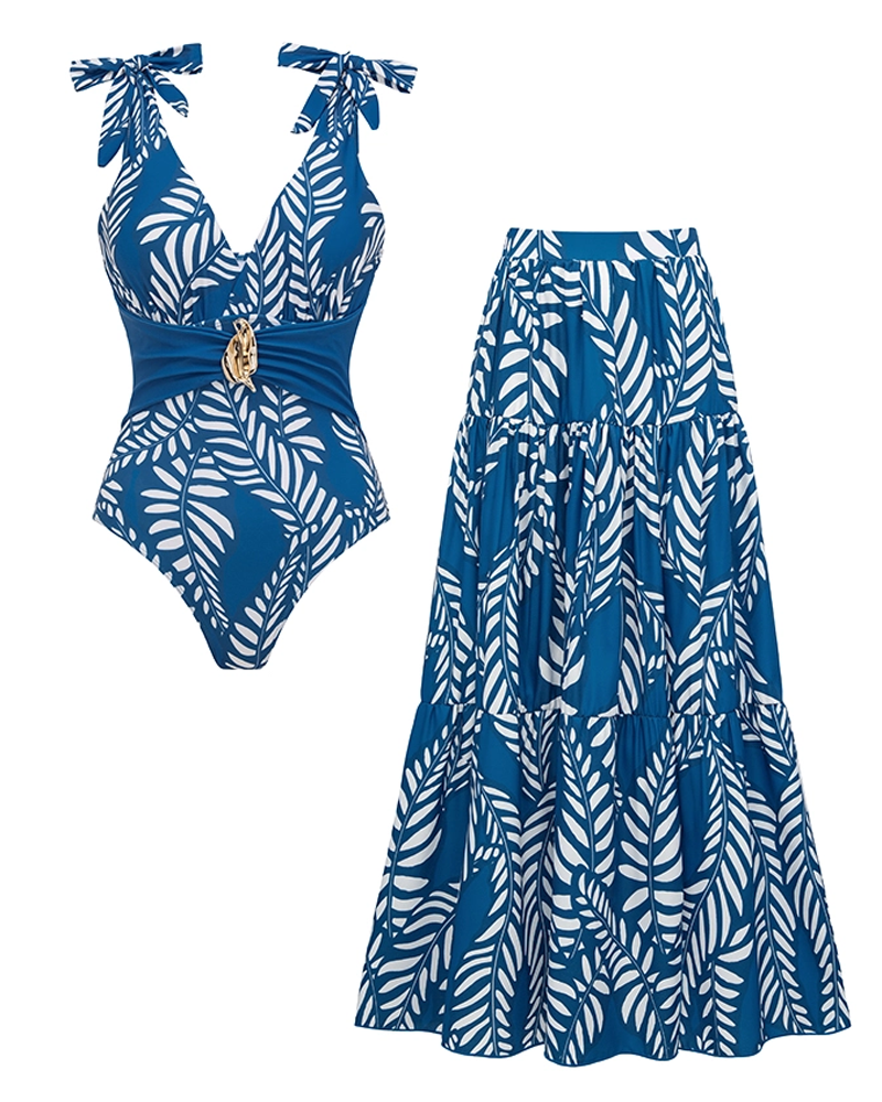 Sling Blue Tassel Leaves Print Cut Out Swimsuit Set